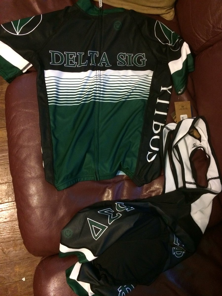DeltaSigCycling's tweet photo. Christmas comes in April! Got our new kits today! Big thanks to bike team alum @Welcome___Matt for the design! https://t.co/RRqciBSMcw