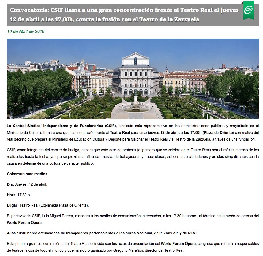 aTRonimus's tweet image. CONVOCATOTIA:  CSIF llama a una gran concentración frente al #Teatro_Real el jueves 12 de abril a las 17:30 horas y coincidiendo con los actos de presentación del World Ópera Forum #WorldOperaForum 
Contra la fusión con el Teatro de la Zarzuela csif.es/contenido/naci… …