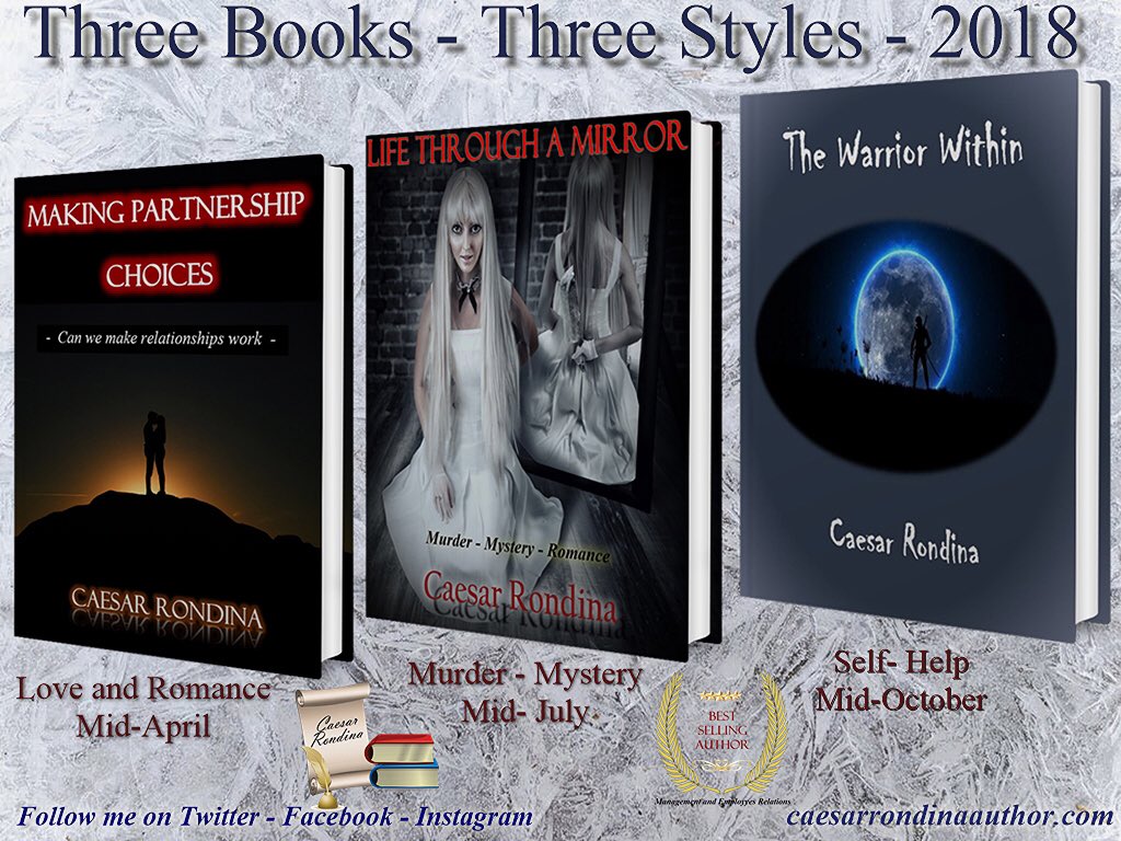 CaesarRondina's tweet photo. Three great choices for 2018. Something for everyone. #Romance #Murdermystery and #Selfhelp. Now that's variety. #readers #books #MakingPartnershipChoices now available. https://t.co/cX4nCi0F8p