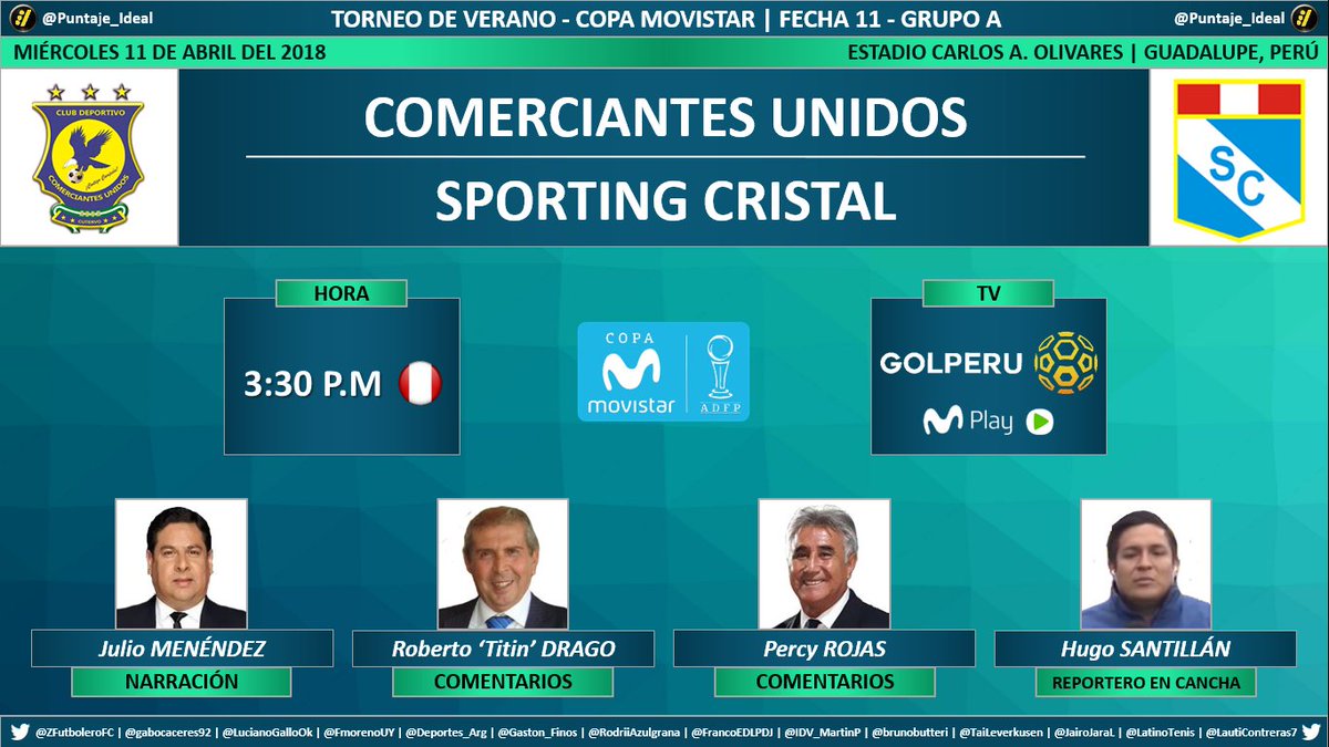 Puntaje_Ideal's tweet photo. ⚽ #TorneoDeVerano 🇵🇪 | #ComUnidos 🆚 #SportingCristal
🎙 Narración: @jmenendezsilva
🎙 Comentarios: @TitinDrago - #PercyRojas
⛳️ En cancha: @hugo_1055
📺 TV: @GOLPERUoficial - @MovistarPeru
Dale RT 🔃 https://t.co/i9vcnZIQ1d