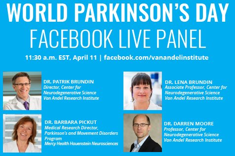 VAInstitute's tweet image. Join us tomorrow for a Facebook Live panel discussion on the latest advances in #Parkinsons research &amp;amp; treatment. 11:30 am EST on our Facebook page: facebook.com/VanAndelInstit… #PDMonth