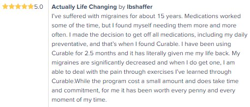 CurableMail's tweet photo. Migraines for 15 years relieved finally by the Curable App. Worth every penny. ⭐⭐⭐⭐⭐ https://t.co/fdUJMZCdOE #migraines https://t.co/NfQF6GA0bf