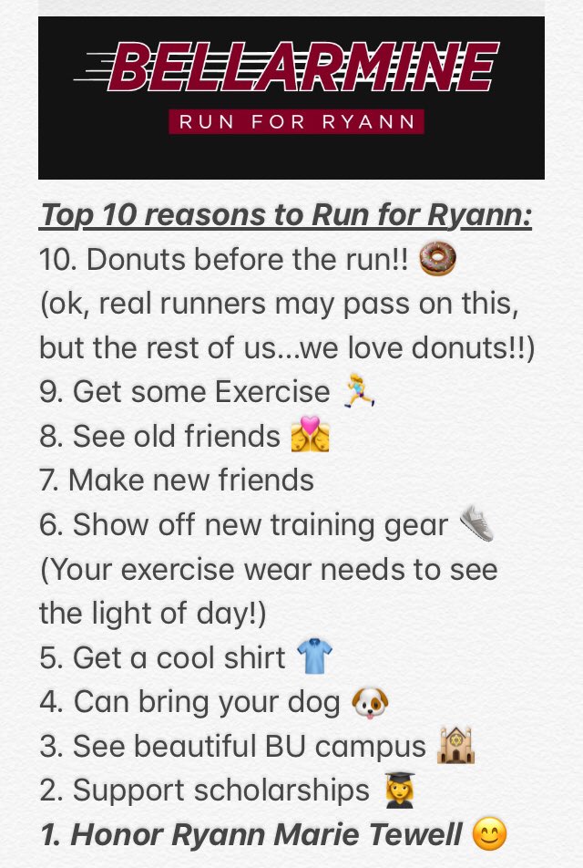 cdt3987's tweet photo. https://t.co/EPp8dtc1jK.  

And here are the top 10 reasons to Run for Ryann. See you Saturday!! https://t.co/g4fTvH47Ud