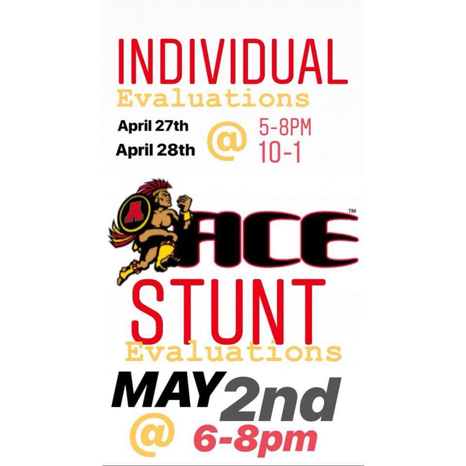 MARK YOUR CALENDARS
The 2018-19 individual &amp; stunt evaluation dates are soon! 

Videos for individual evals and our handbook are uploaded on our website

Visit our website acetribe.com
Click the montgomery link!
Click forms &amp; you will see both.