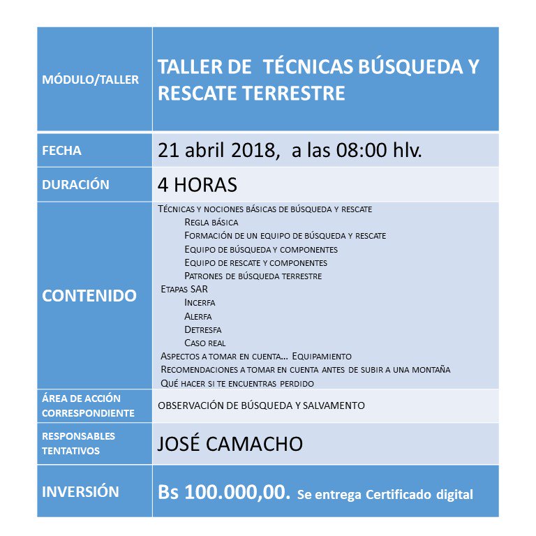 rescatehumboldt's tweet photo. La #FamiliaHumboldt te invita a participar del #ProgramaContinuoDeFormacionAvanzadaORH👉#Taller: "TÉCNICAS DE BÚSQUEDA Y RESCATE TERRESTRE" a dictarse el próximo #Sab21Abril en la sede de .@rescatehumboldt ¡INSCRIPCIONES ABIERTAS! #Animate #SAR #Rescate #Voluntarios https://t.co/ZVbzS00lSV