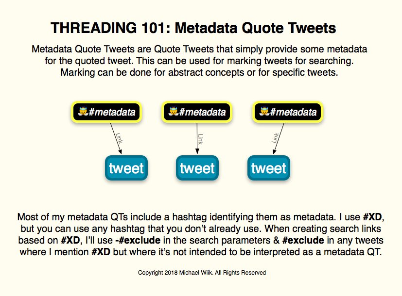 Threading 101: Metadata Quote Tweets: These are QTs that simply provide some metadata for the quoted tweet. This can be used for marking tweets for searching. Marking can be done for abstract concepts or for specific tweets. My metadata QTs include a hashtag #XD identifying them as metadata. You can use any hashtag that you don’t already use. It's best to add -#exclude to your search paramaters.