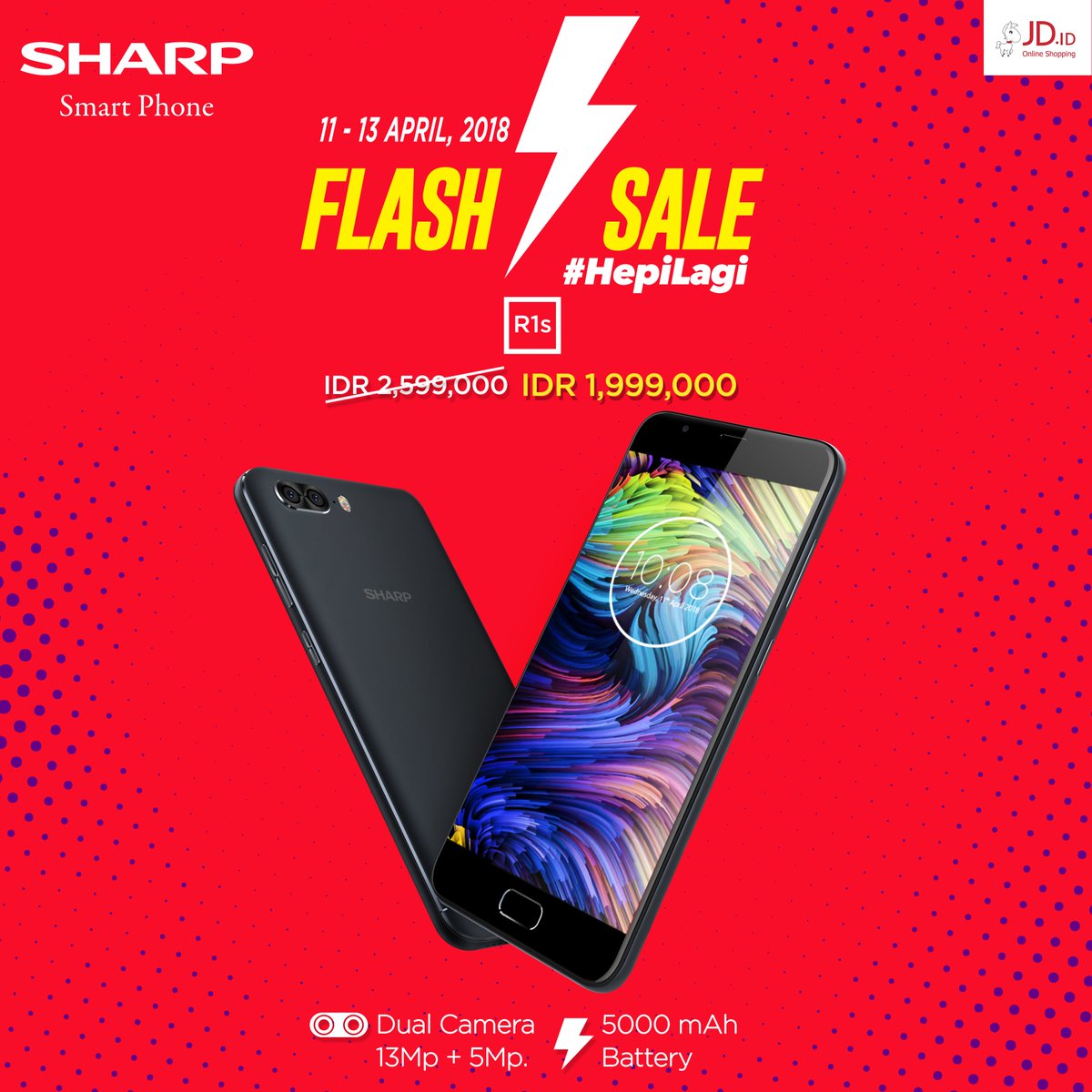 sharpindonesia's tweet photo. Akhirnya hari ini kamu bisa #HepiLagi guys! Yang belum kebagian Sharp R1s kemarin dapatkan harga special SHARP R1s dengan potongan harga dari Rp. 2,599,000 menjadi hanya Rp. 1,999,00 hanya di @jdid #SharpSmartphone #SuperDisplay #AmazingColor #SharpR1s #GakMatiGaya #FlashSale https://t.co/pZZDG7vJWF