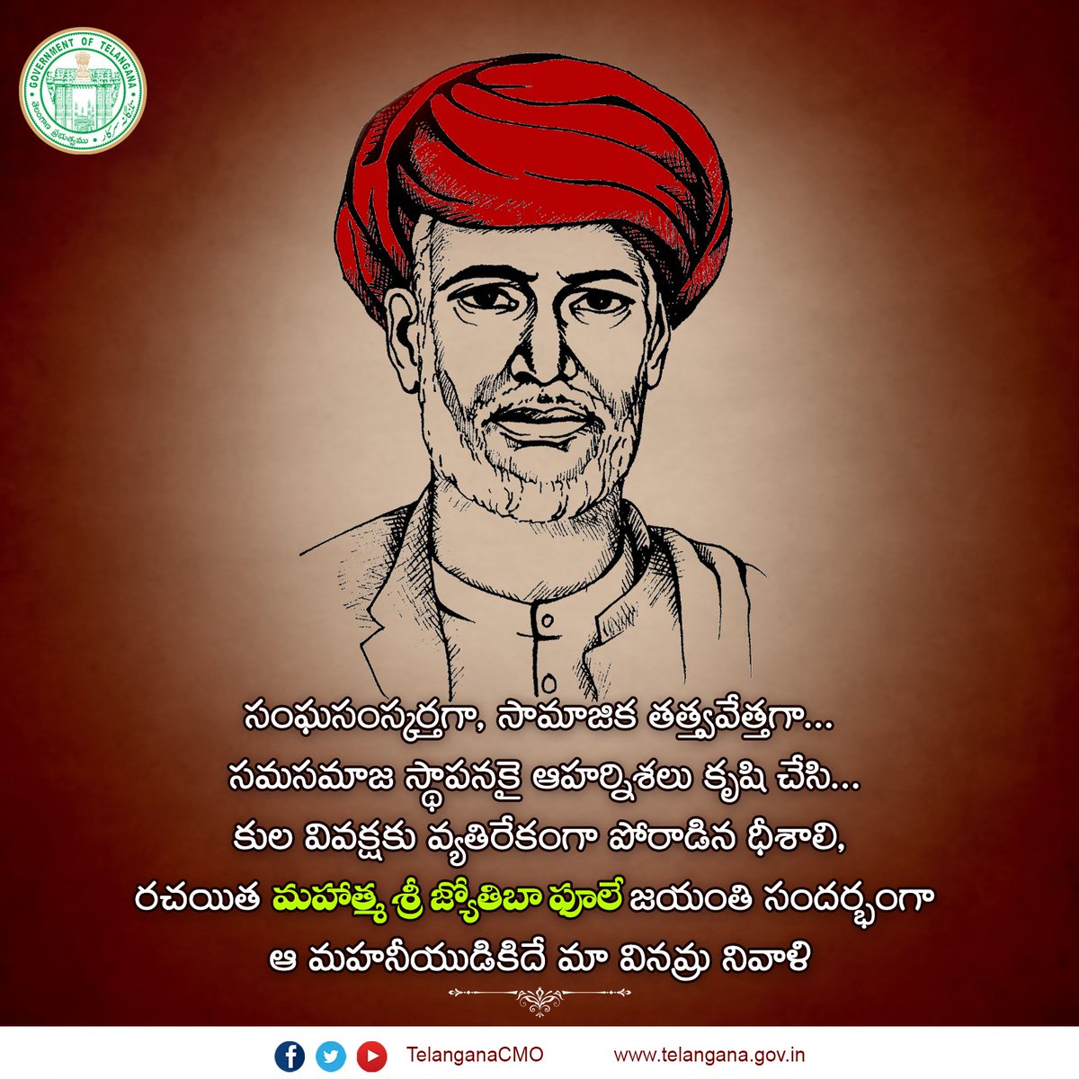 Hon'ble Chief Minister Sri K. Chandrashekar Rao paid rich tributes to  Socialist, Writer who fought against caste discrimination Mahatma Sri  Jyotiba Phule on his Jayanti., image size:1200x1200