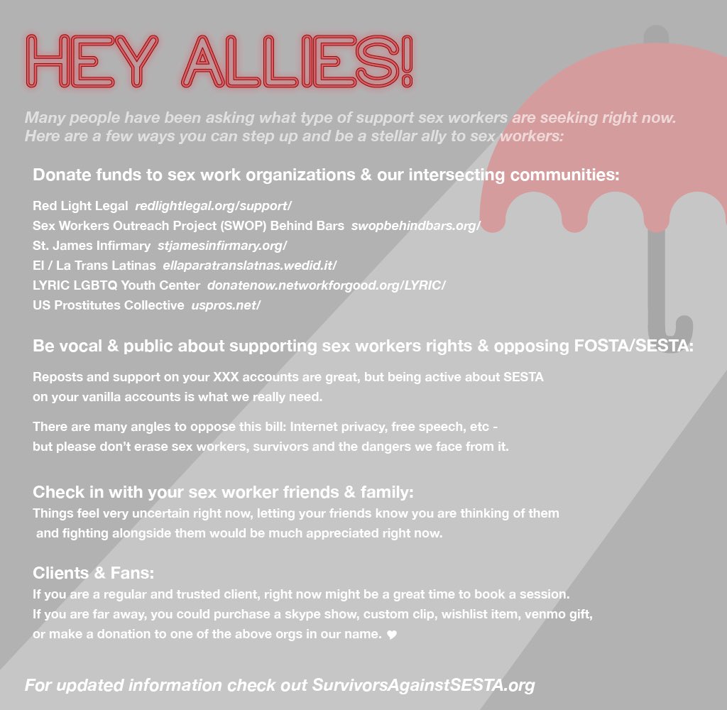 The adult film industry is not immune to the fallouts of #SESTA/#FOSTA. Performers who work with studios (around the world!) are directly impacted, fighting hard for rights and safety.

We encourage porn fans and studios to take action. Be an ally! #letussurvive