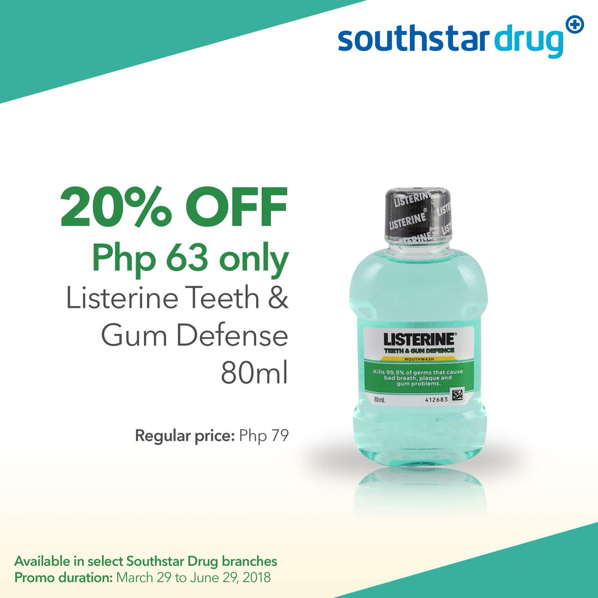 Keep your mouth clean and ready for the day with Listerine Teeth and Gum Defense. Kills bad breath germs with one mild swish. Get 20% OFF when you buy yours in Southstar Drug.