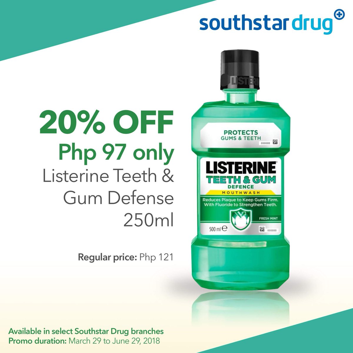 Just 30 seconds of rinsing, twice a day. That’s all it takes when you use Listerine Antiseptic Mouthwash to get a boldly clean mouth. Clinically proven formula that kills germs that lead to bad breath, plaque and gum disease. Get 20% OFF when you buy yours at Southstar Drug.