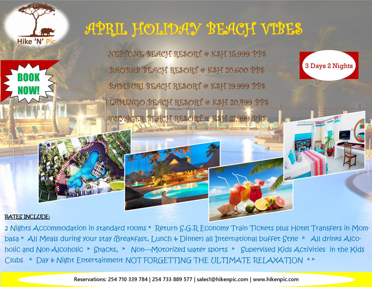 HikeNPicTours's tweet photo. My COUNTRY PEOPLE ! JAMBO?
USIBEBE WALLET, WE GOT you coveredNi LOW SEASON na shule ZIMEFUNGWA! Twende Mombasa for 3 days  from Ksh. 15,999 alafu you get, Return SGR tickets , Return Transfers, Buffet Meals &amp; UNLIMITED flow of ALCOHOLIC DRINKS 🏖️ #Lipapolepole #magicalkenya https://t.co/eQjoIkvo7r