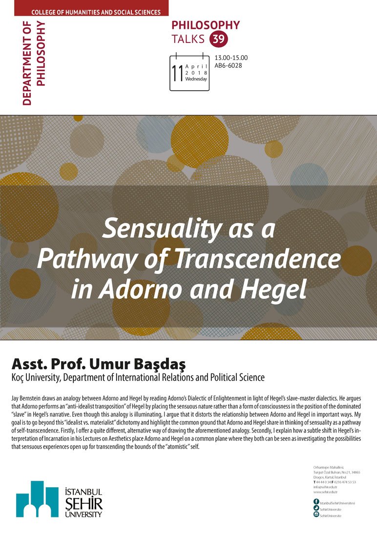Today we have a talk with Umur Başdaş on Hegel and Adorno at 13:00 in 6. AB. Everyone is wellcome.