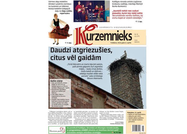 11. aprīļa „Kurzemniekā”:
Vecvecāku un mazbērnu attiecības.
Trīs skolām – 7,7 miljoni eiro.
Jauni noteikumi taksometriem.
Lūgšanu brokastīs.