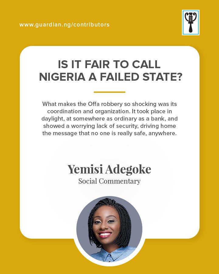 GuardianNigeria's tweet photo. Pick up a copy of The Guardian on the newsstand as Yemisi Adegoke (@briticoyemo)looks at Nigeria’s current ranking on the index and recent events that suggest it could get worse.
#TheGuardianContributor #YemisiAdegoke #Security #FundForPeace #FSI #Nigeria #African #TheGuardianNG https://t.co/GRd3oYGb2N