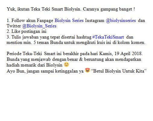 Biolysin_Series's tweet photo. Hi, Bunda ? Pada kangen sama gamesnya Biolysin gak nih? Yuk, ikutan Teka Teki Smart Biolysin.
Mekanismenya lihat di bawah ini ya: πππ
#kuis #quiz #tekatekismart #tts #biolysin https://t.co/S1UTJKCo9X
