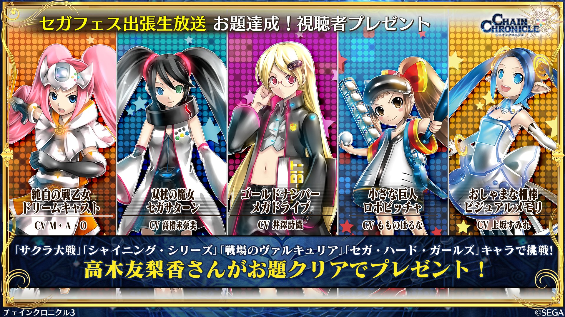 チェインクロニクル3公式 Pa Twitter セガフェス生放送 明日の11 40から セガフェス出張生放送 In 秋葉原 を放送 高木友梨香さんが視聴者プレゼントをかけてお題に挑戦します 第7章後篇やフィーナの情報も 視聴はこちらから T Co 6ogytahdzj