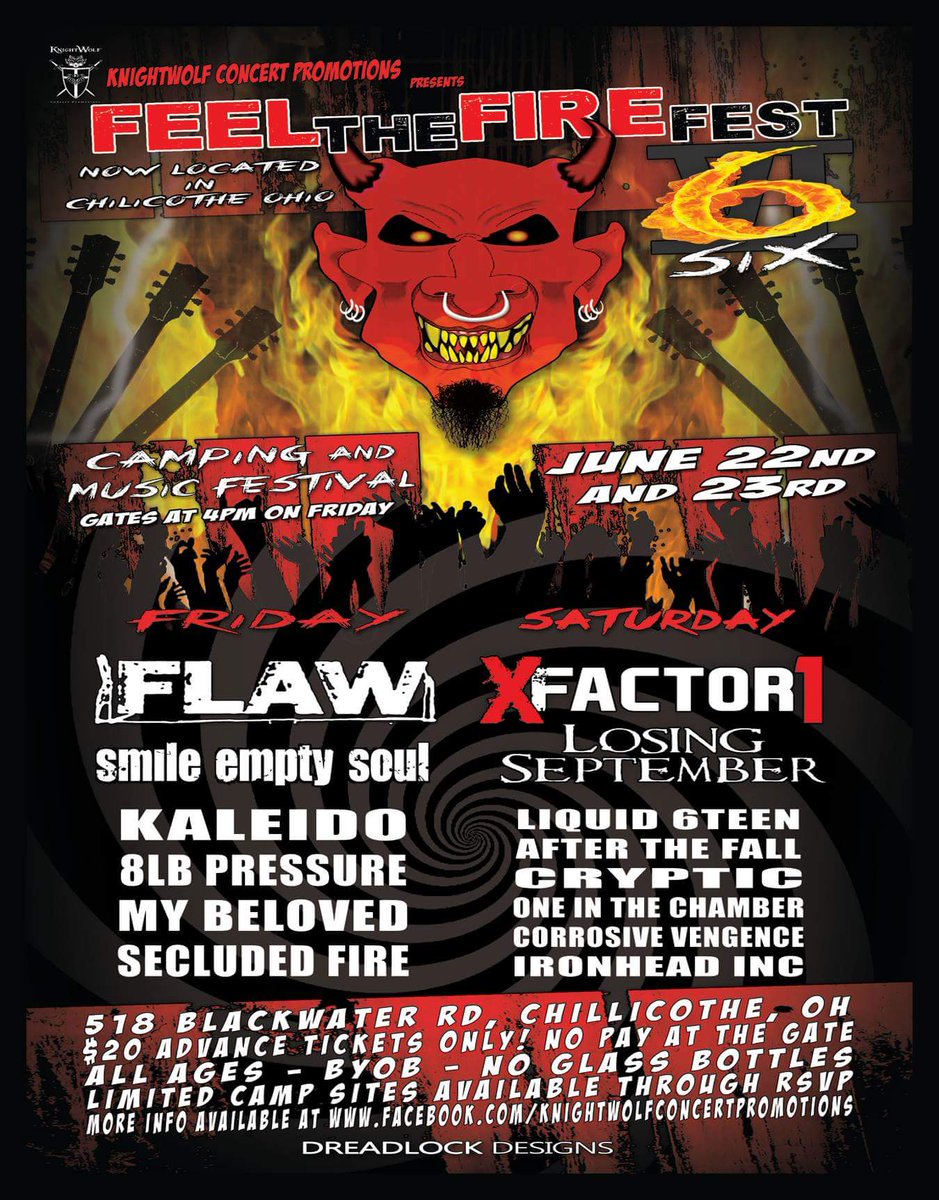 We are excited to announce that we are kicking off the #FeelTheFireFestival6 with <a href="/BandFlaw/">FLAW</a> &amp; <a href="/_smileemptysoul/">SMILE EMPTY SOUL</a> headlining the 2 day fest! We have lmtd  tickets left. #HitUsUp #OnFire <a href="/XFACTOR1band/">XFACTOR1</a> #KnightwolfConcertPromotions