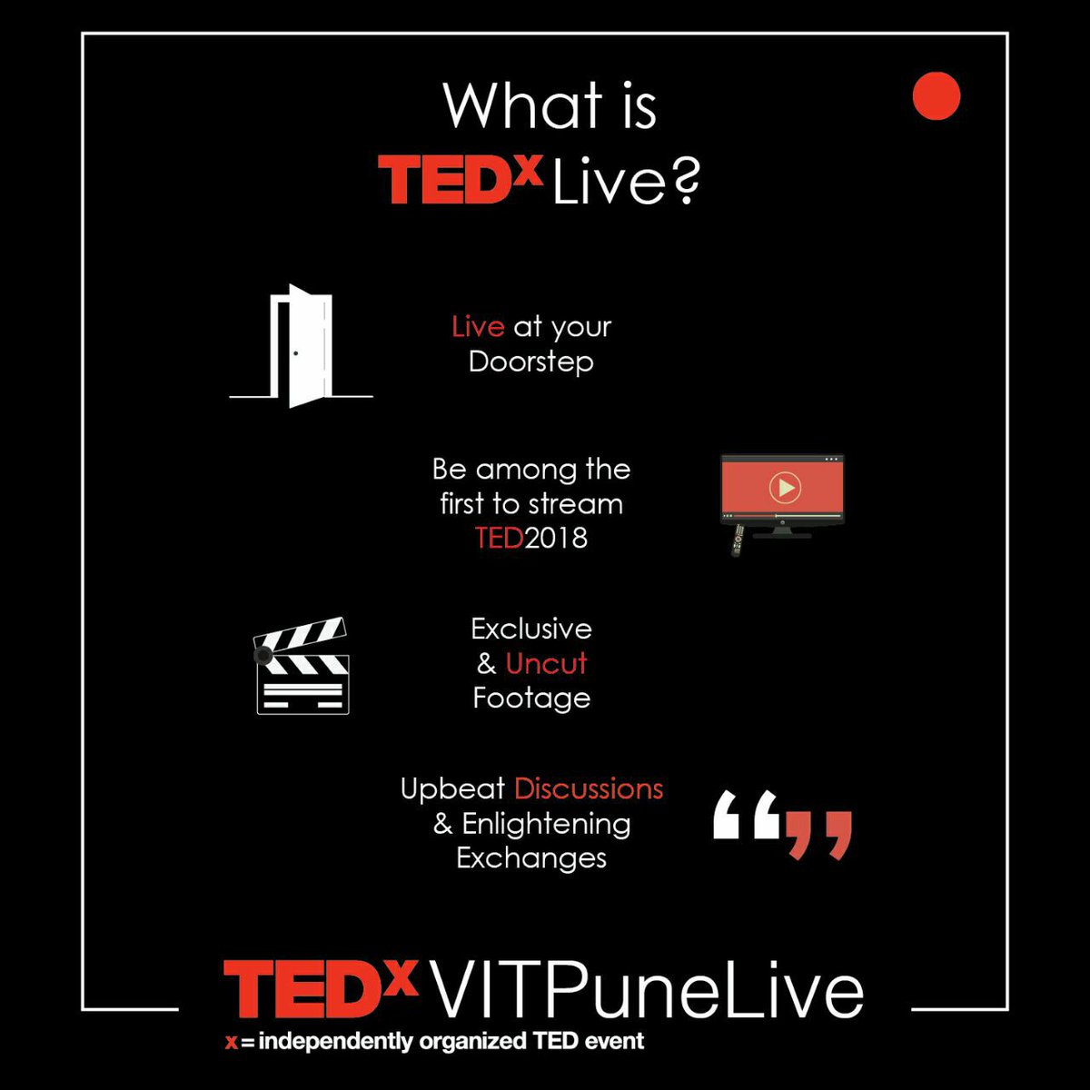 tedxvitpune's tweet photo. TEDxLive is a worldwide manoeuvre to bring the TED conference to a larger audience.
Live events occur at the same time of the annual TED edition, featuring talks that may never make it online.
Also, a TED binge sounds pretty cool.
#tedxlive
#TEDxVITPune
#TED2018 
#ageofamazement https://t.co/0vusoX8x6z