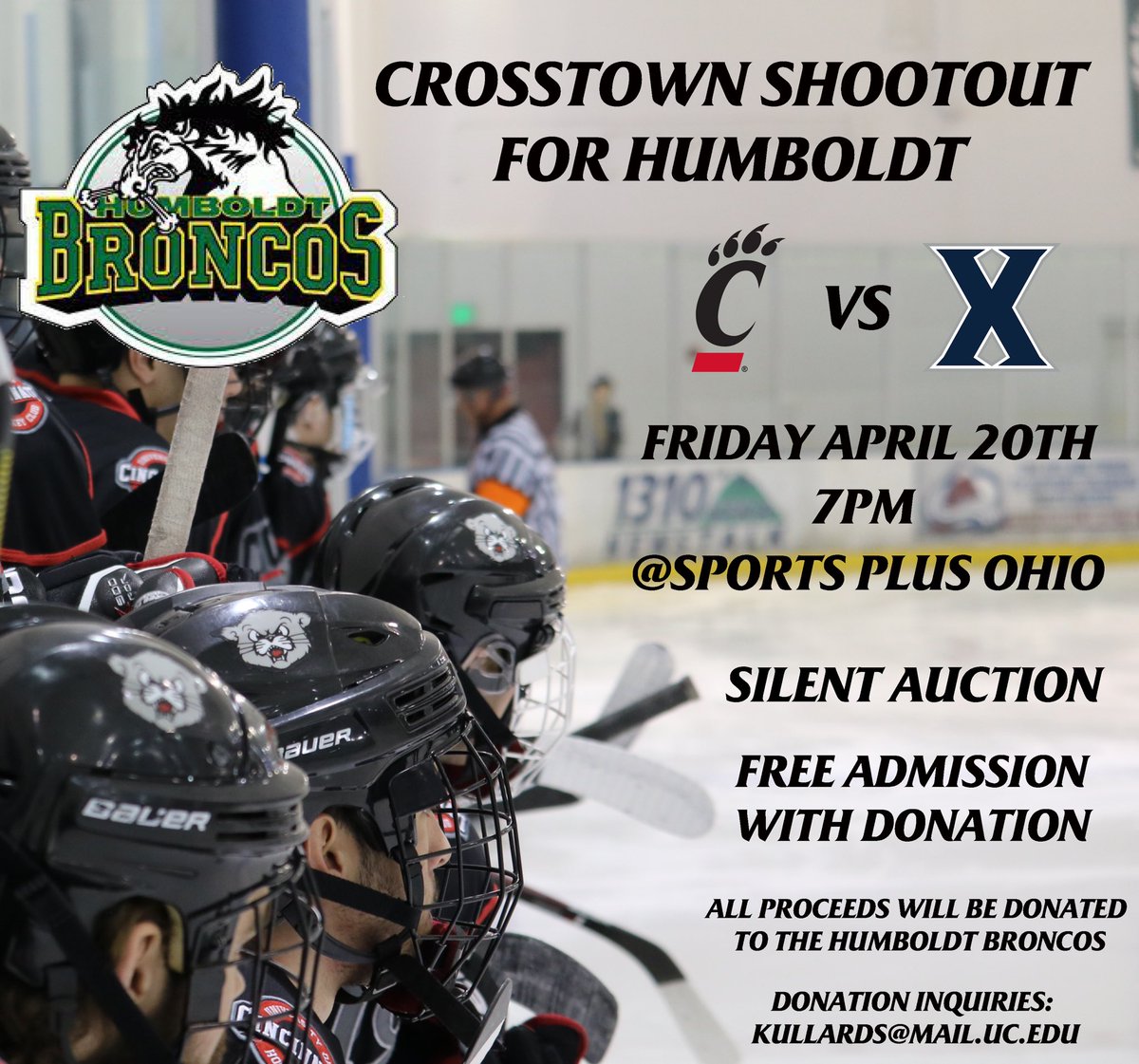 UCIceHockey's tweet photo. BIG NEWS. Will be playing a charity game against @XavierHockey NEXT FRIDAY to benefit the families of @HumboldtBroncos! DM with any questions you may have! See you next Friday at Sports Plus!!! https://t.co/8MLNEe2OGA