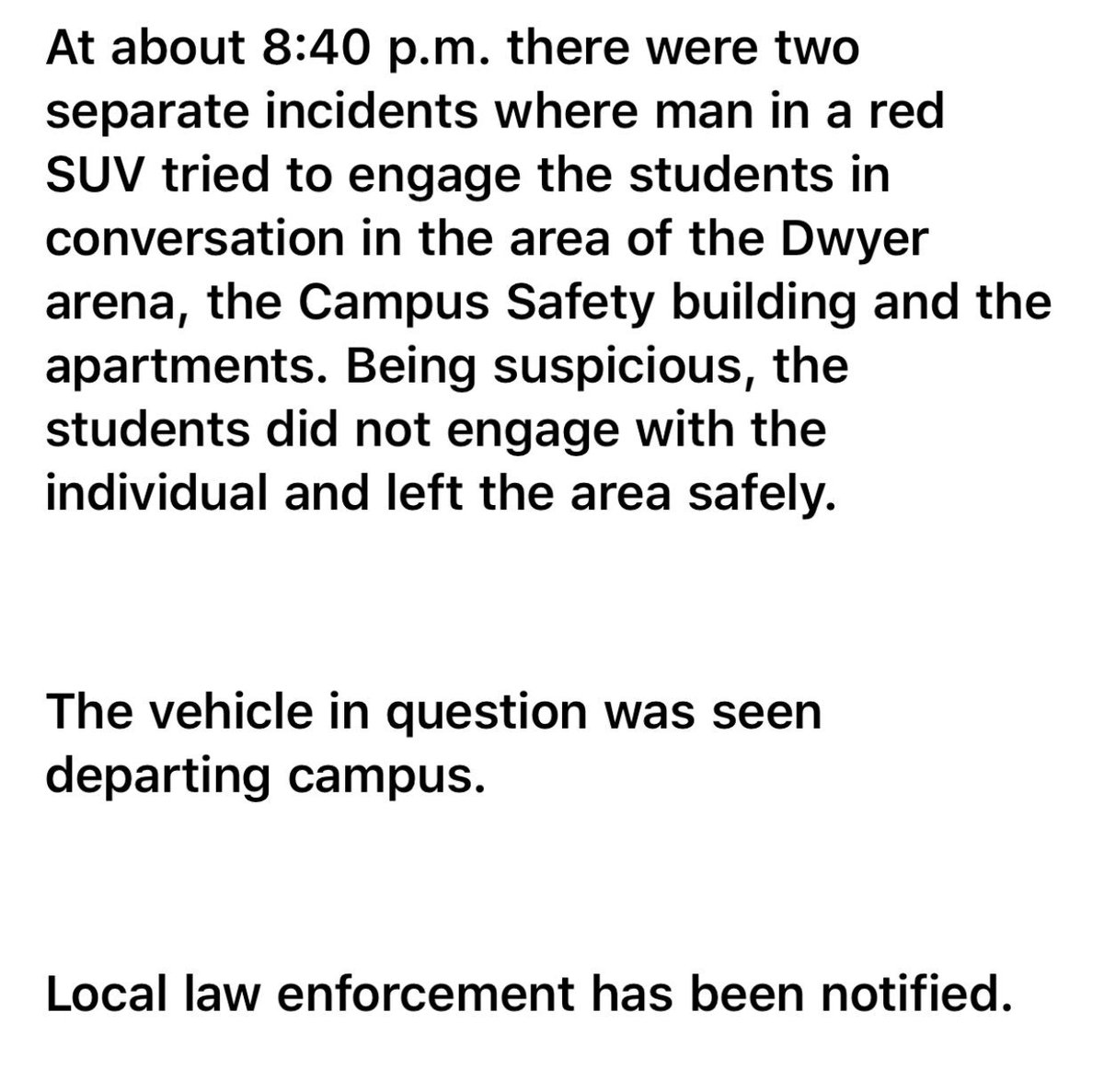 🚨Message From NU🚨
Please be safe when traveling outside and only go if you go with a buddy! #BuddySystem 
If you see any suspicious activity please call Campus Safety or 911 immediately. Spread the word!
🚨🚨🚨🚨🚨🚨🚨🚨🚨🚨🚨🚨