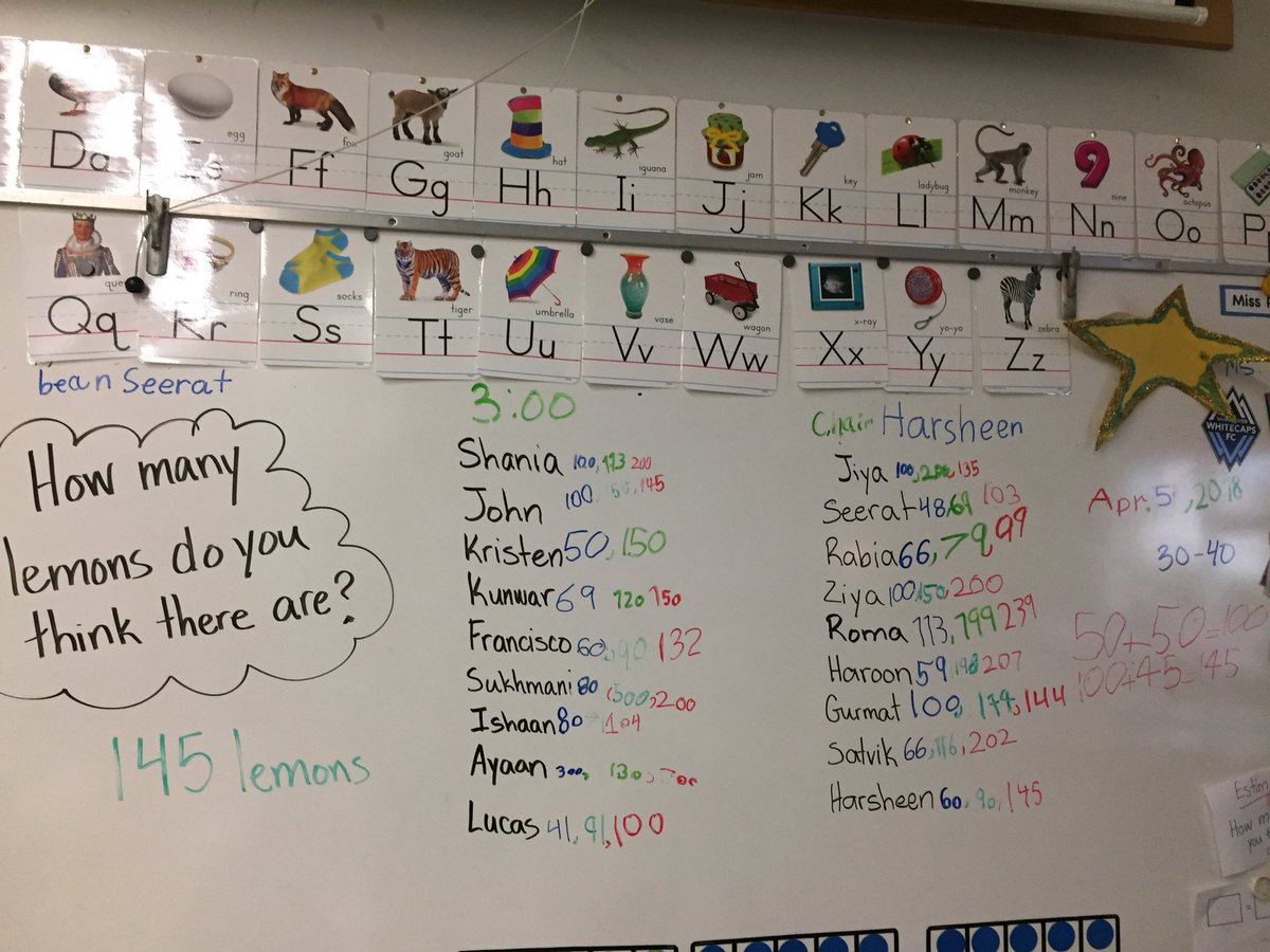 m_porterbc's tweet photo. Day 1 - Estimate - first thought, second guess (after counting a bit), final answer!! 145 lemons on my sweater! Wow! #estimation #math #higherorlower @clairedaoust @SD37numeracy @JarvisSchool @deltasd37 https://t.co/Iux84NMwCc