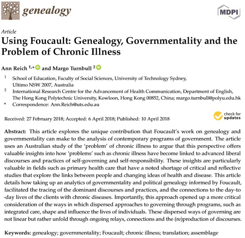 Latest published paper by Dr. Ann Reich and Dr. Margo Turnbull titled "Using #Foucault: #Genealogy, Governmentality and the Problem of Chronic Illness", please read the full version at: mdpi.com/2313-5778/2/2/…