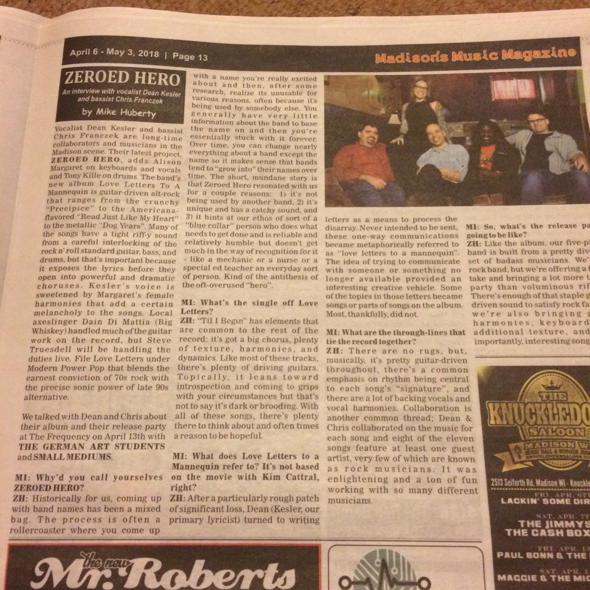 ZeroedHero's tweet photo. Your favorite Zeroes got a little interview in #MaximumInkMagazine!

Big thanks to @sunspotmike for interviewing @chris.franczek and @deankesler talking about the album, the band, and our release show this Friday night at @TheFrequencyWI with @GASrocks and #smallmediums. https://t.co/Ctfn65gQOW