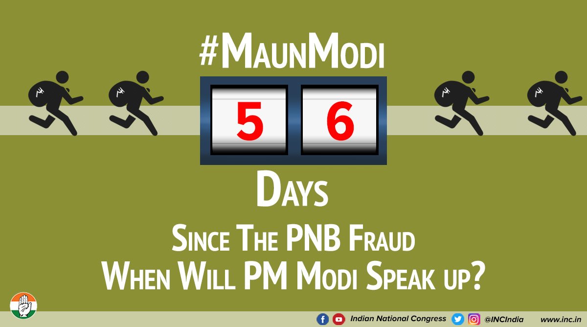 INCIndia's tweet image. 56 days and counting. PM Modi is still silent on the #ChhotaModi Scam. #MaunModi. Just what will it take for him to speak on the issue?