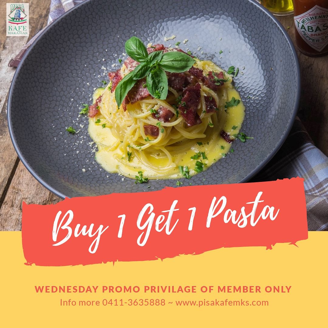Spaghetti Carbonara.
Jadi bagi para pecinta pasta...
😘Nikmati hari ini promo buy 1 get 1 kami, Hanya dengan Cara "Follow dan like" IG kami <a href="/pisakafemks/">PisaKafeMKS</a>.
-Khusus Member Pisa Kafe Makassar.
Jl. Botolempangan no 58 (0411)- 363 5888 +6281356679446
pisakafemks.com
#pasta #mks