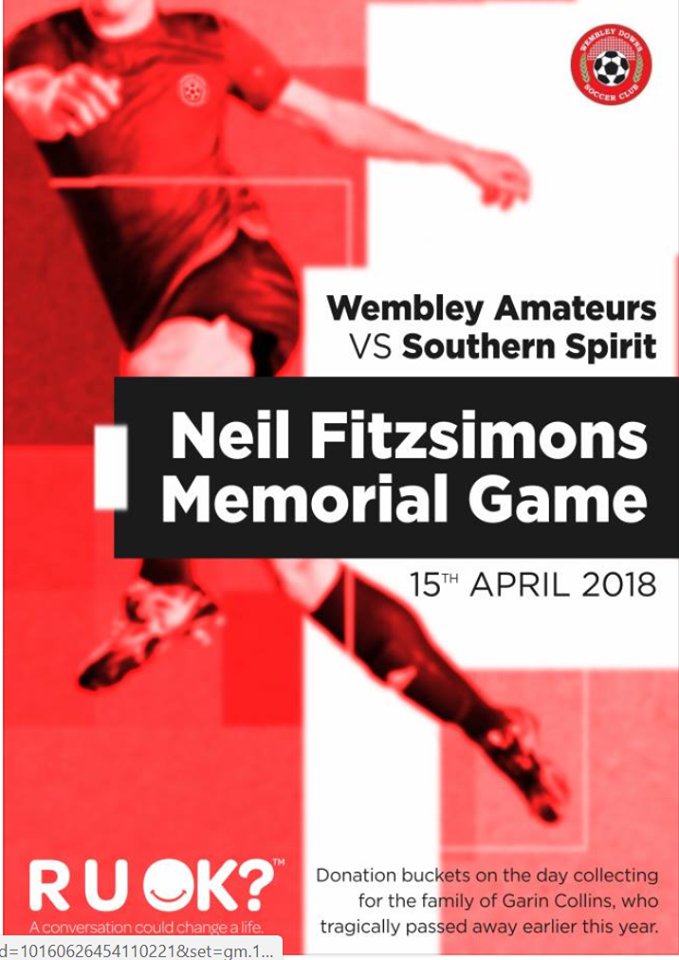 Farpostperth's tweet photo. NEIL FITZSIMONS MEMORIAL GAME | Mental Health Awareness
@wdscperth v @SouthSpiritFC 

In Neil's legacy there will be a collection for the family of @JoondalupUnited's Garin Collins who also tragically passed. Donate at the game or remotely via @rudyproctor at JUFC! 

Pls RT! https://t.co/SlTYgsbOt2