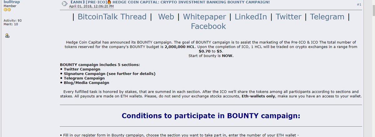 HCLCoin's tweet image. IMPORTANT NOTICE: We are NOT doing a bounty campaign on Bitcoin Talk. 

We are in no way associated with the user "bulltrap". Below is a screen shot of the scam. If we choose to use Bitcointalk or another service we will notify users through our channels listed on this Twitter.