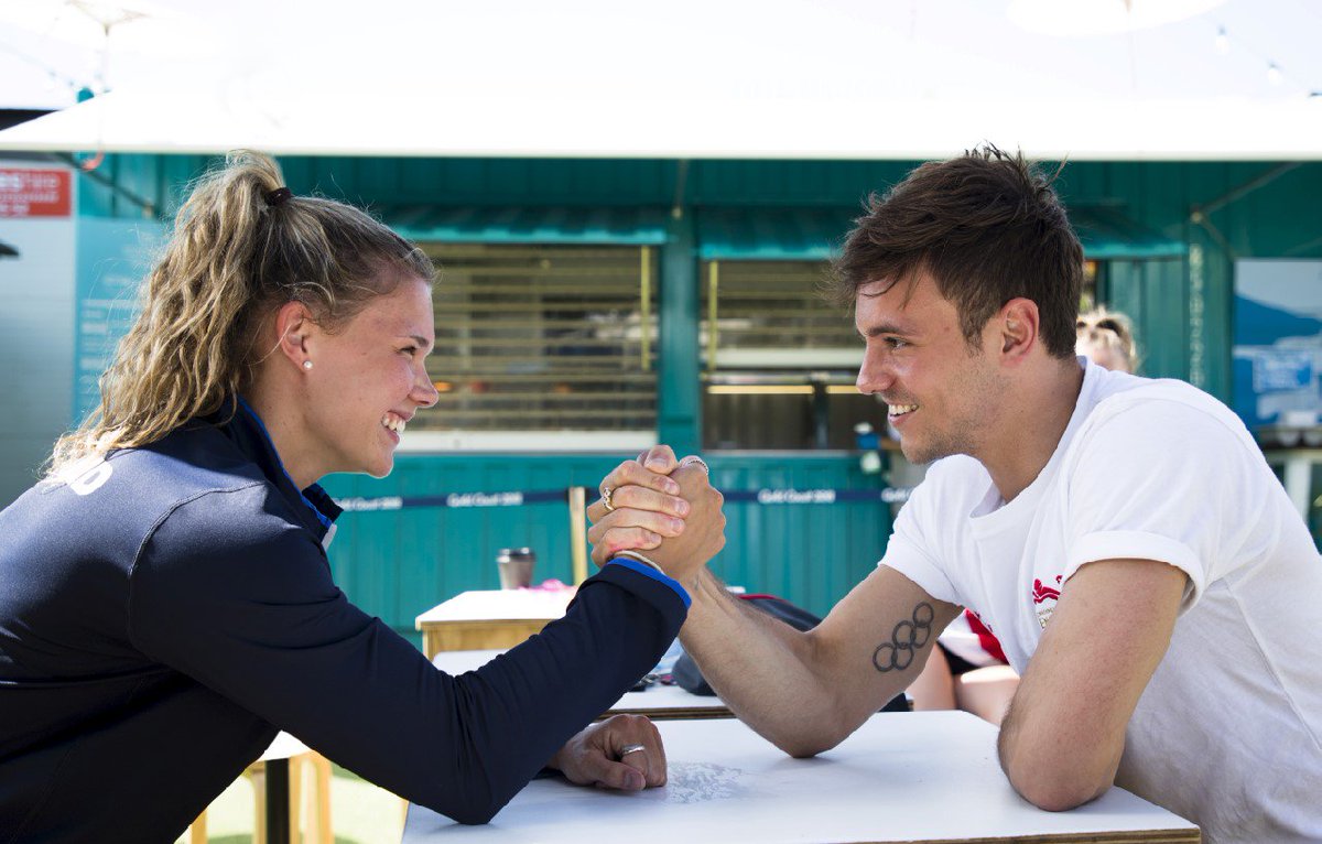 GriffComms's tweet photo. Olympic teammates but Commonwealth rivals Grace Reid from @Team_Scotland and Tom Daley from @TeamEngland ๐ช ๐คFront page pic for the #VillageSource by our very own #GriffComms photojournalist @cathyrossphoto #GC2018 #GriffithUni https://t.co/PxtvZuboGG