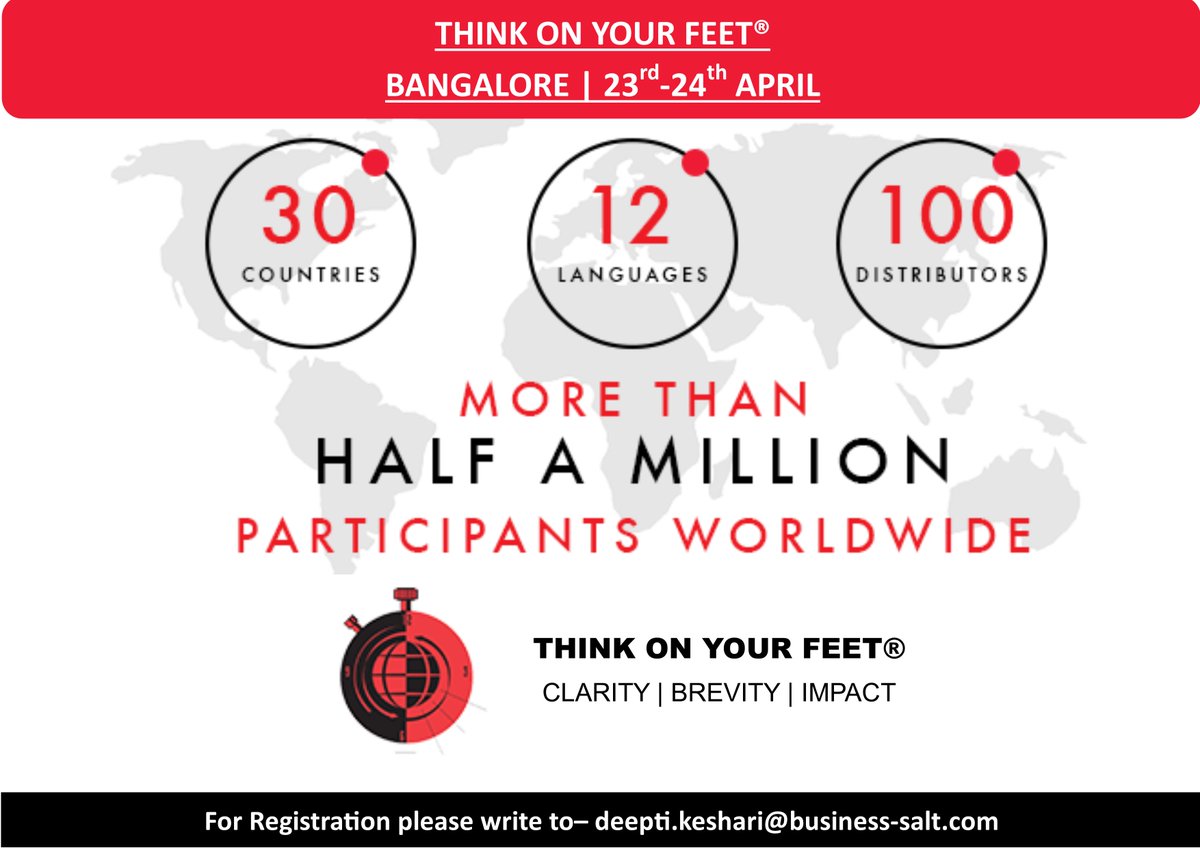 Upcoming Think On Your Feet , #PublicWorkshop at #Bangalore on 23-24 April
Fr registration write to- deepti.keshari@business-salt.com 
Program details- bit.ly/2IGsrOo
#effectivecommunication #businesscommunication #businessworkshop #corporatetraining #communicationskills