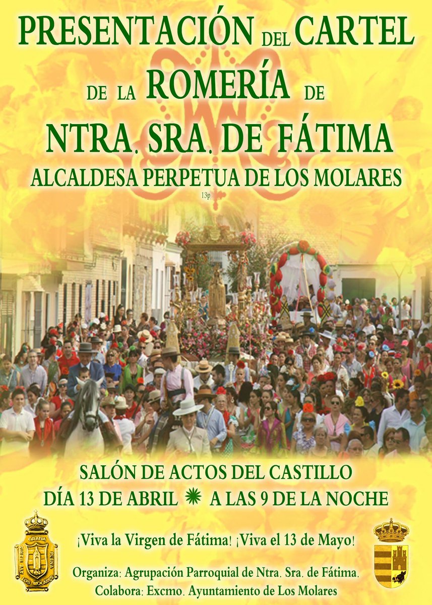 hdfatimamolares's tweet photo. PRESENTACIÓN DEL CARTEL DE LA ROMERÍA 2018, OBRA DE NUESTRA HERMANA ROMERA: PATRICIA PÉREZ CORONILLA
El próximo Viernes, día 13 de Abril a las 9 de la noche, en el Salón de Actos municipal del Castillo, tendrá lugar la presentación del Cartel de la Romería de Ntra. Sra. de Fátima https://t.co/KOFhdlYK6z