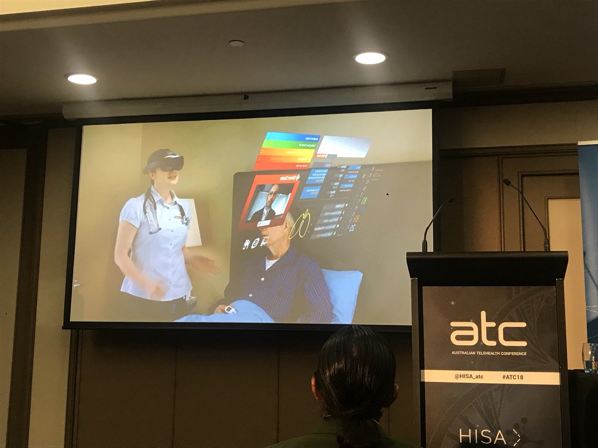 Melina_Gee's tweet photo. The future of healthcare? @SilverChainAUS demonstrates the utility of their collaboration with @Microsoft using hologram technology to bring clinicians to the home of the patient #ATC18 #HealthTech https://t.co/sa6QUtlVNt