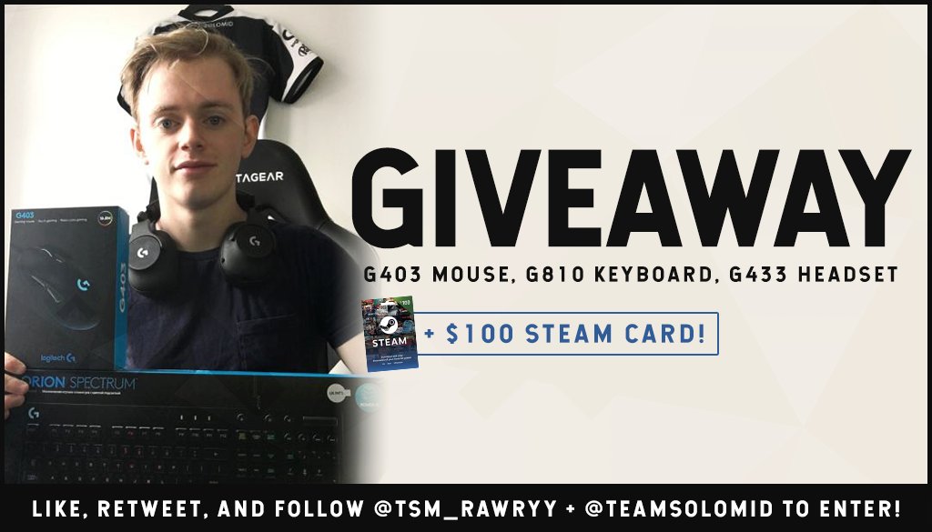 TSM_rawryy's tweet image. Giving away my @LogitechG peripheral setup!

G403 Mouse
G810 Keyboard
G433 Headset
$100 Steam Gift Card!

Like, retweet and follow me and @TeamSoloMid to enter!