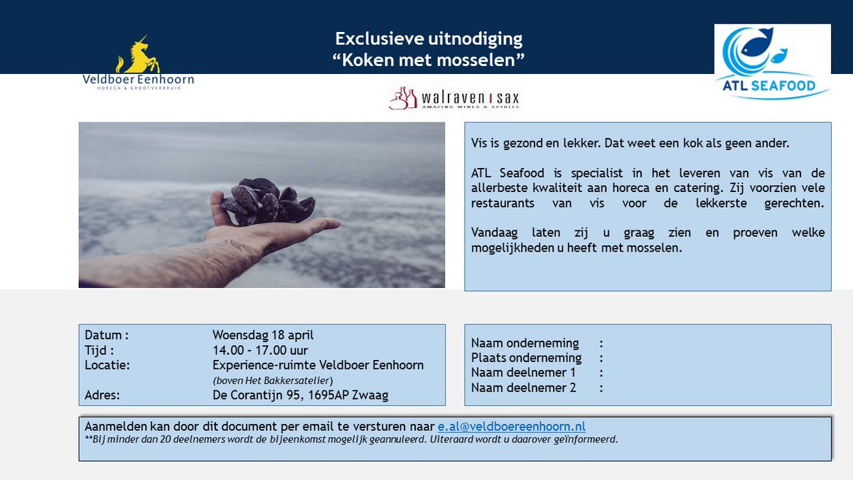 "Koken met mosselen" op 18 april door ATL Seafood bij Veldboer Eenhoorn. Er zijn nog plaatsen beschikbaar!