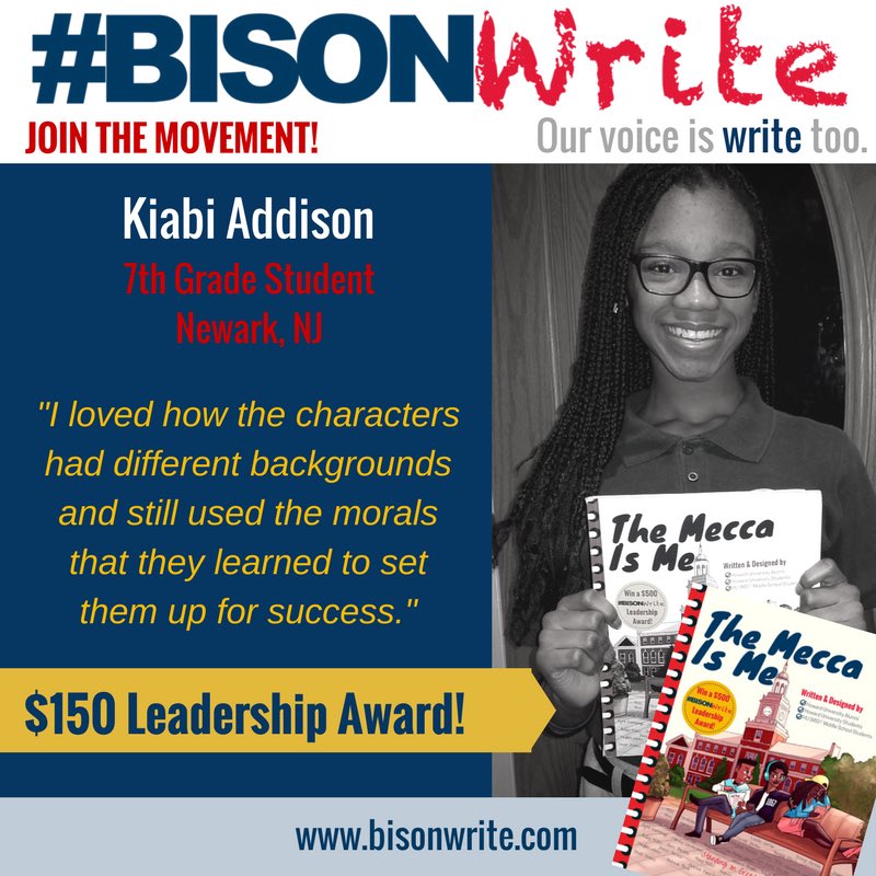 BisonWrite1867's tweet photo. Meet Kiabi Addison, 7th grade leader from Newark, NJ! 💫 Kiabi is our newest leadership award recipient! #BisonWrite #HowardUniversity #FutureBison https://t.co/Iwqp82tN2Y