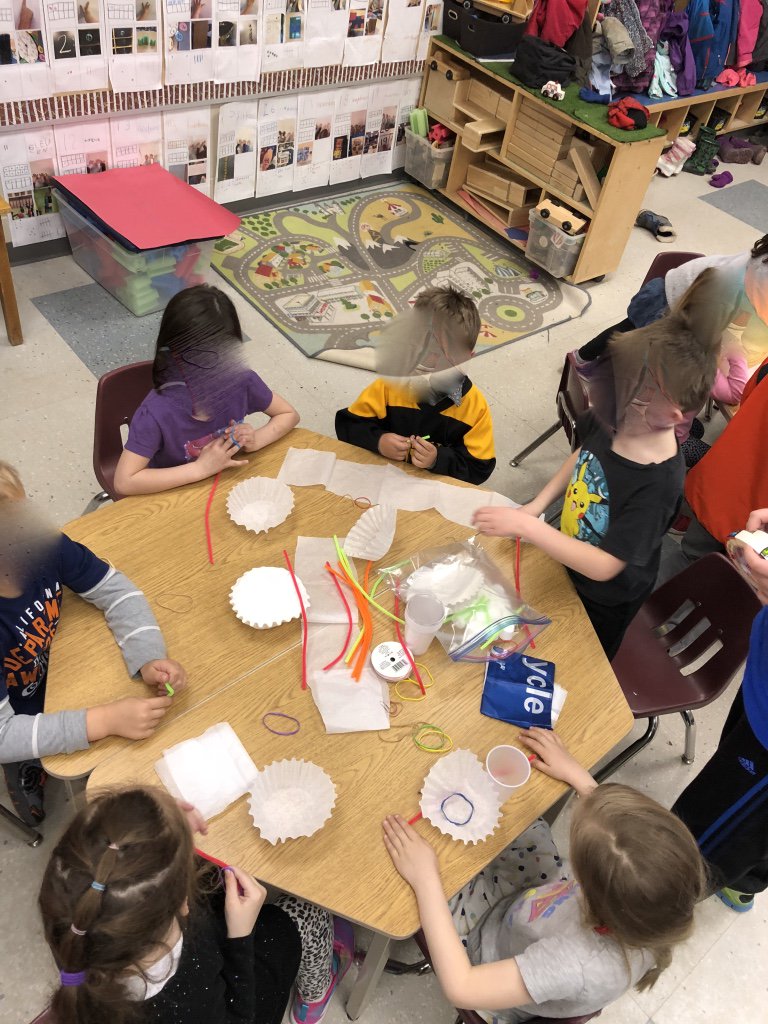 MrsEinwechter's tweet photo. @CobblestoneES first school wide STEM challenge was a success! Parachute Marshmallows! Kindi convo: "It flies slower when I take the Marshmallow off." "Ya, that's because it weighs more." "Does it count if it just use a little bit of marshmallow?" 😂 @GEDSB https://t.co/B8YgPwVQIl