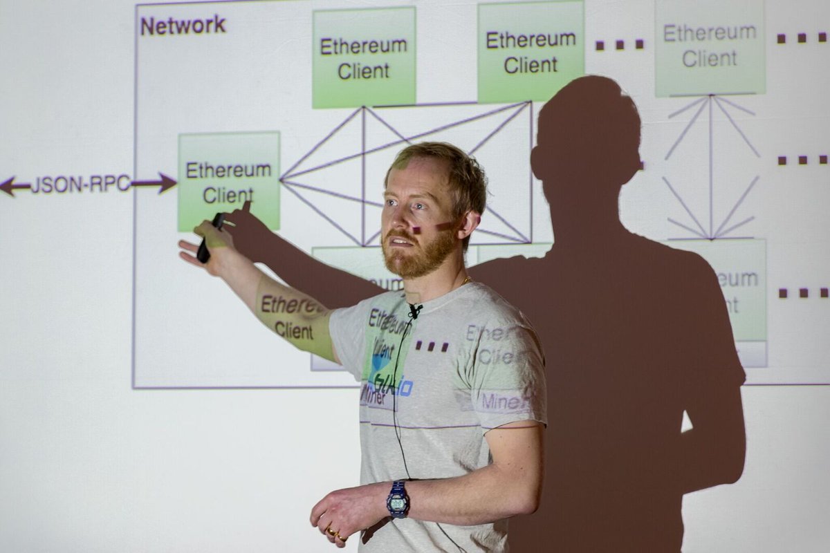 It's written on his skin! That's what we call dedication 💪 Great shot of @conors10 in action! "Ethereum Blockchain Development on the JVM"