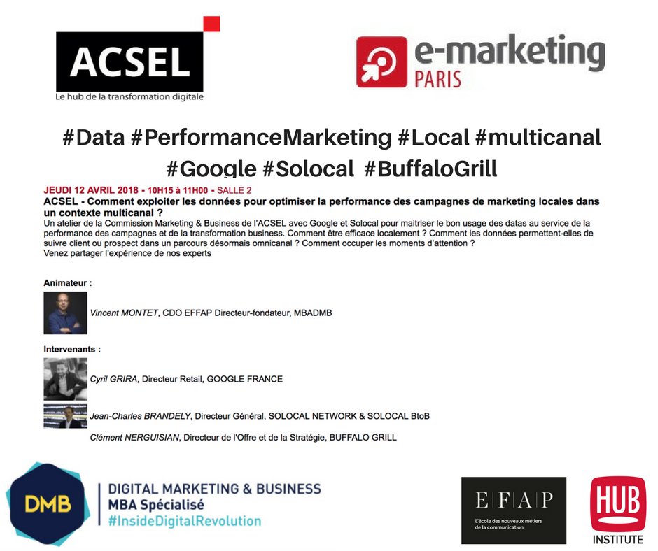 #eMarketing #MBADMB #ACSEL #portedeversailles #salonemarketing #digital Retrouvez votre serviteur <a href="/EMarketingParis/">E-Marketing Paris</a> animateur de la TB <a href="/AcselDigital/">Acsel</a>  avec <a href="/CyrGr/">Cyril Grira</a> <a href="/GoogleFR/">Google FR</a> <a href="/jcbrandely/">J-Charles Brandely</a> @SoLocalGroup et <a href="/BuffaloGrill/">Buffalo Grill</a> emarketingparis.com/preinscription…