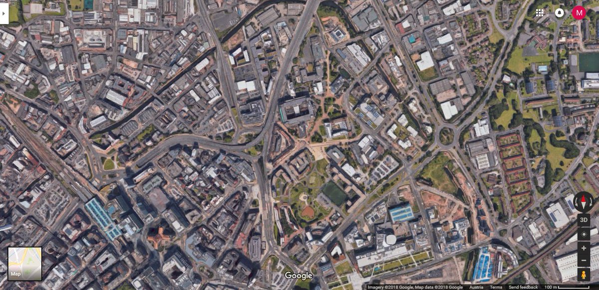 Manchester, London and Birmingham city centres on google maps satellite view. We need to push for more green space in the heart of our city in #PiccadillyWard!