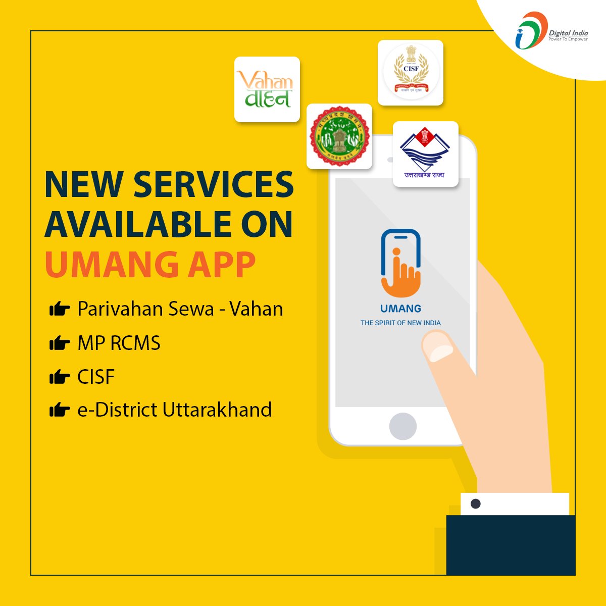 _DigitalIndia's tweet photo. #LifeMadeEasy with @UmangOfficial_ | There's so much new to discover on #UmangApp - Parivahan Sewa- Vahan, MP RCMS, CISF, e-District Uttarakhand.

For more information, visit - https://t.co/Vu1hiBluu1 

#MobileGovernance #DigitalIndiaApps https://t.co/23mBQUDenM