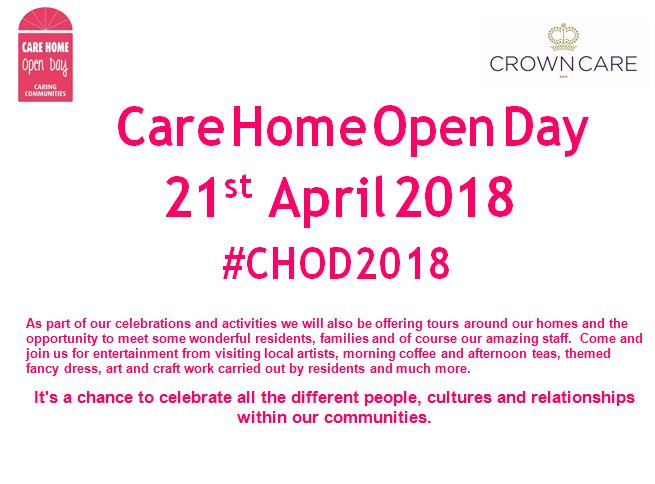 Saturday 21st April - Crown Care Homes will be celebrating #CHOD2018 @CareHomeOpenDay Queen Elizabeth’s 92nd Birthday &amp; #NationalTeaDay 
Everyone Welcome <a href="/danielflounders/">Daniel Flounders</a> <a href="/jodistephenson/">Jodi Leanne Photos</a> <a href="/ChloeeH09/">Chloe Hibbitt</a>