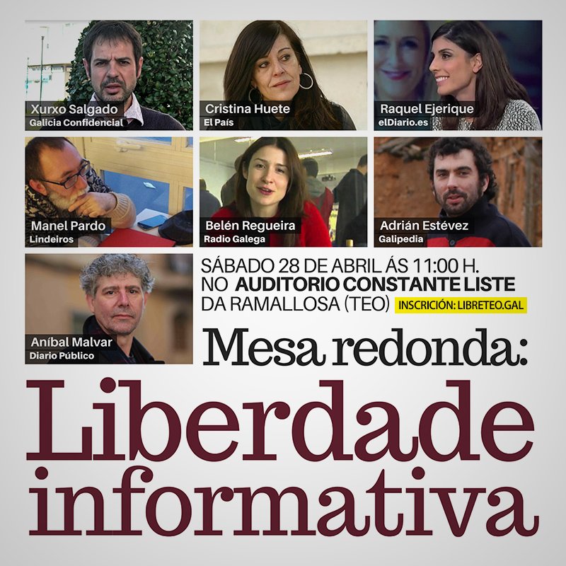 LIBRETEO's tweet image. Sábado  28 de abril ás 11:00 no Auditorio Constante Liste da Ramallosa (Teo).  Unha mesa redonda que non te podes perder: LIBERDADE INFORMATIVA.  Entrada gratuita. Prazas Limitadas. libreteo.gal