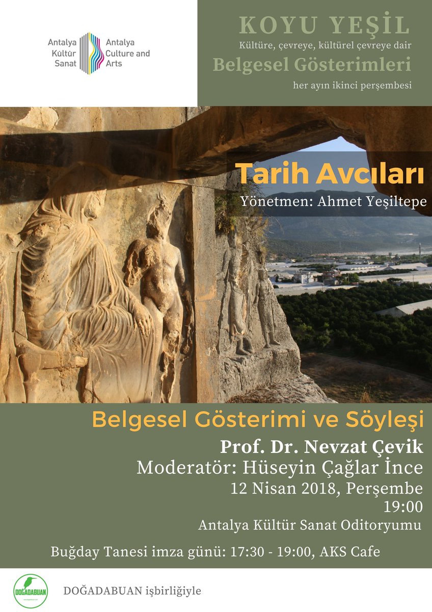 hcaglarince's tweet photo. Bu Hafta "Koyu Yeşil" belgesel gösterimlerimizde "Tarih Avcıları" belgeseli ve Prof. Dr. Nevzat Çevik konuğumuz olacak. 12 Nisan Perşembe akşamı Antalya Kültür Sanatta bekleriz :)
@nevzatcevik @antalyadan @EmirHepoglu @yelizgulege @TayyarGul https://t.co/2YL2hNwVJZ