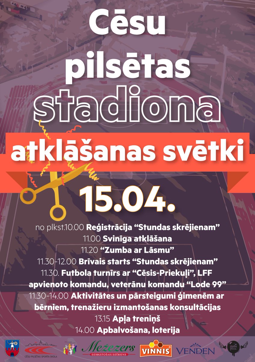 Cēsniek, stadiona atklāšanas svētki jau šo svētdien! :) Svinīgi atklāsim plkst.11.00, savukārt dažādas aktivitātes plānotas līdz plkst.14.00. Tiekamies! Vairāk lasi šeit: cesis.lv/lv/sakums/aktu…
