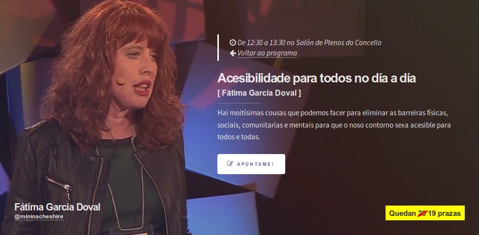 Hai moitísimas cousas que podemos facer para eliminar as barreiras físicas, sociais, comunitarias e mentais para que o noso contorno sexa acesible para todos e todas. Con <a href="/mininacheshire/">Minina de Cheshire</a> #QuedanPrazas #LibreTeo #LibreTeo2018 libreteo.gal