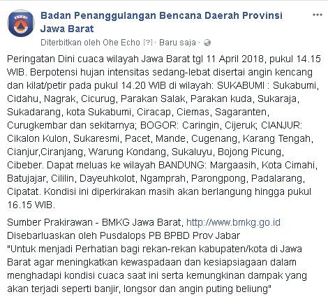 Peringatan Dini cuaca wilayah Jawa Barat tgl 11 April 2018, pukul 14.15 WIB.
<a href="/humasjabar/">Humas Jabar</a> <a href="/jabarprovgoid/">jabarprov.go.id</a> <a href="/BNPB_Indonesia/">BNPB Indonesia</a> <a href="/kodam3siliwangi/">Kodam III/Siliwangi</a> @bidhumaspldjbr